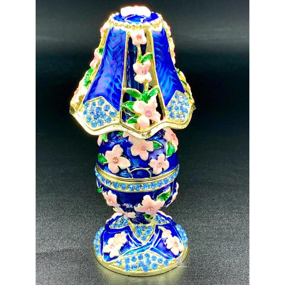 Blue Table Lamp Trinket Box Floral Enamel Rhinestone Gold Tone Keepsake - Picture 4 of 4